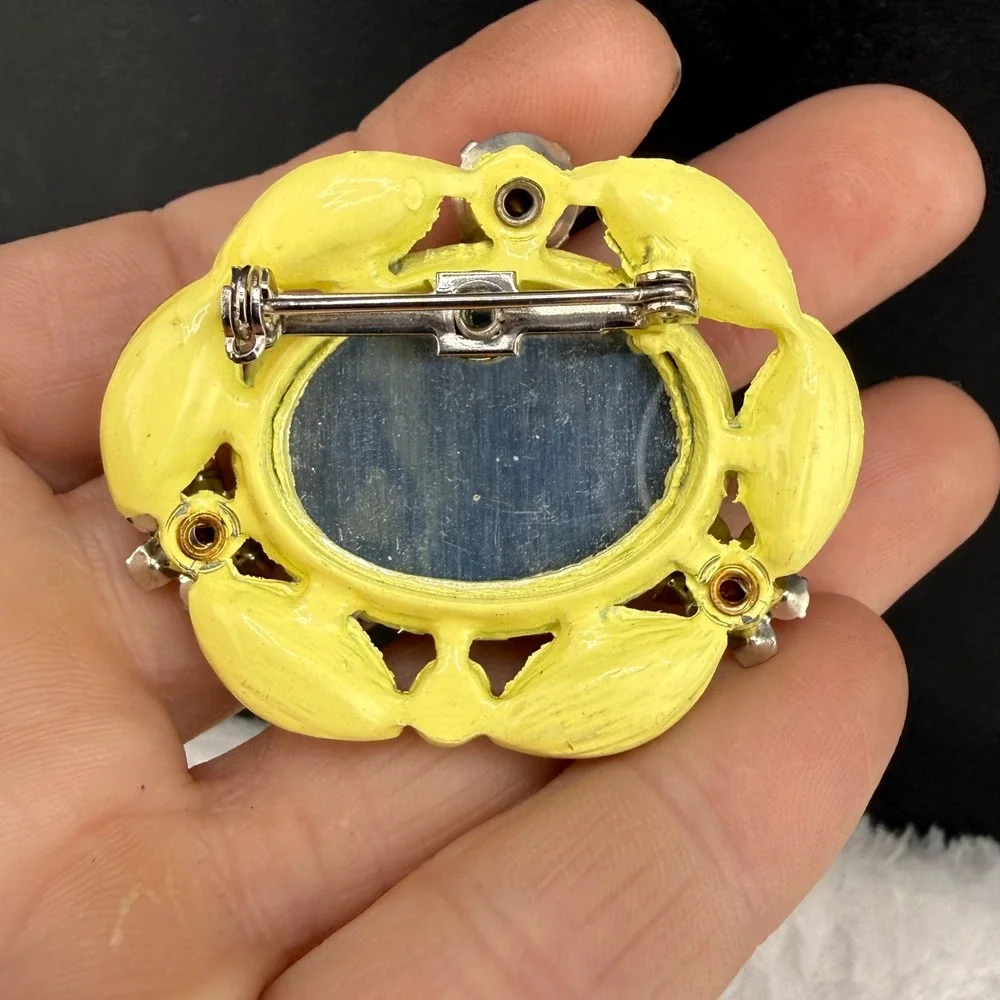 Vintage Brooch Yellow Enamel Rhinestone Floral Oval Pin